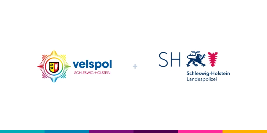 Die Logos von velspol Schleswig-Holstein und der Landespolizei Schleswig-Holstein nebeneinander auf weißem Grund.